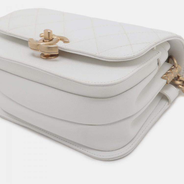 Pre Owned Chanel White CC Quilted Caviar Flap Crossbody