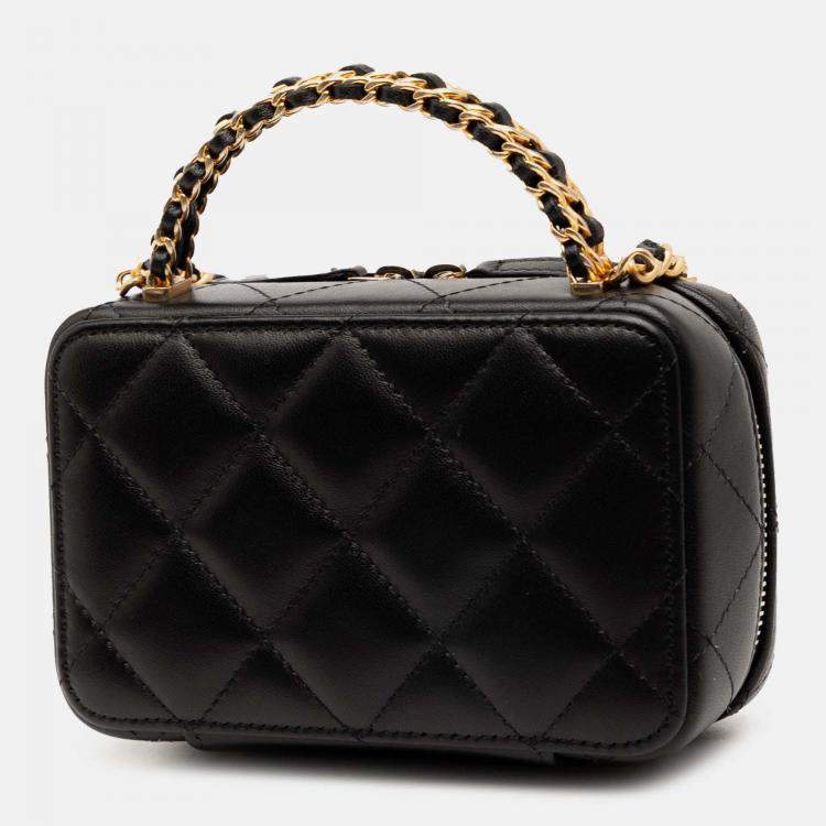 Pre Owned Chanel Black Mini CC Quilted Lambskin Chain Top Handle Vanity Case
