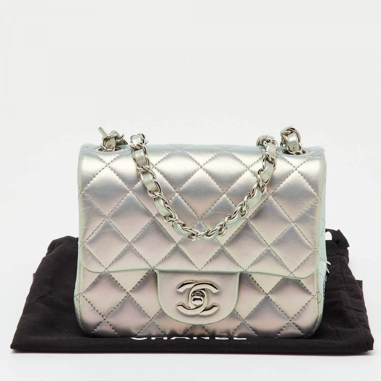 Pre Owned Chanel Silver Quilted Leather Mini Square Classic Single Flap Bag