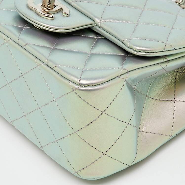 Pre Owned Chanel Silver Quilted Leather Mini Square Classic Single Flap Bag