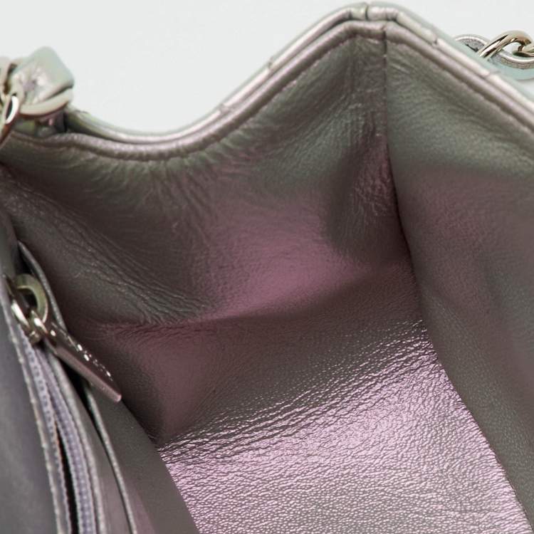 Pre Owned Chanel Silver Quilted Leather Mini Square Classic Single Flap Bag