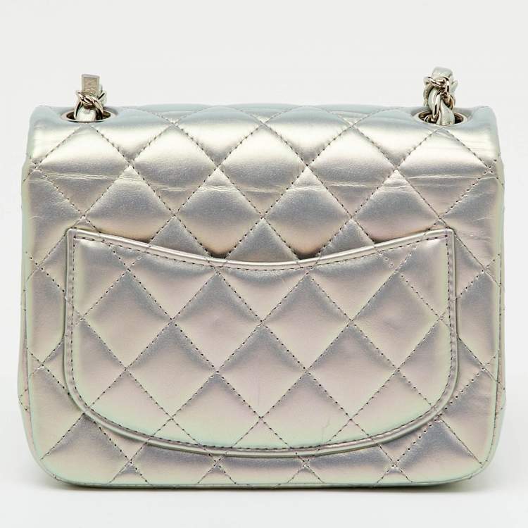 Pre Owned Chanel Silver Quilted Leather Mini Square Classic Single Flap Bag