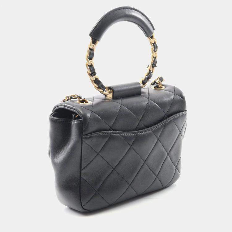 Pre Owned Chanel Top Handle Matelasse Shoulder Bag In Lambskin Leather Black