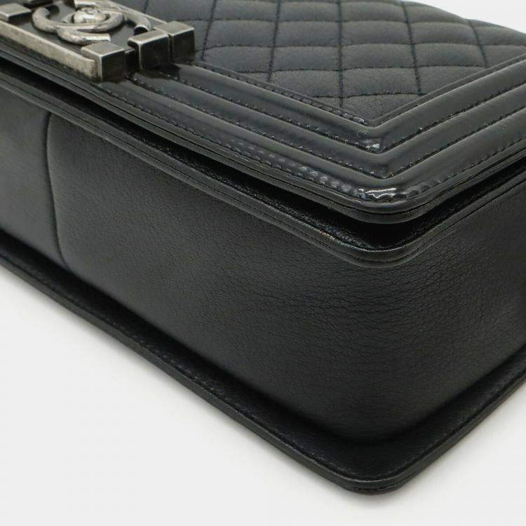 Pre Owned Chanel Boy Chanel 25 Coco Mark Chain Shoulder Bag Leather Enamel Black