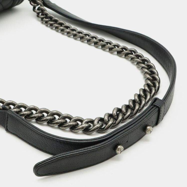 Pre Owned Chanel Boy Chanel 25 Coco Mark Chain Shoulder Bag Leather Enamel Black