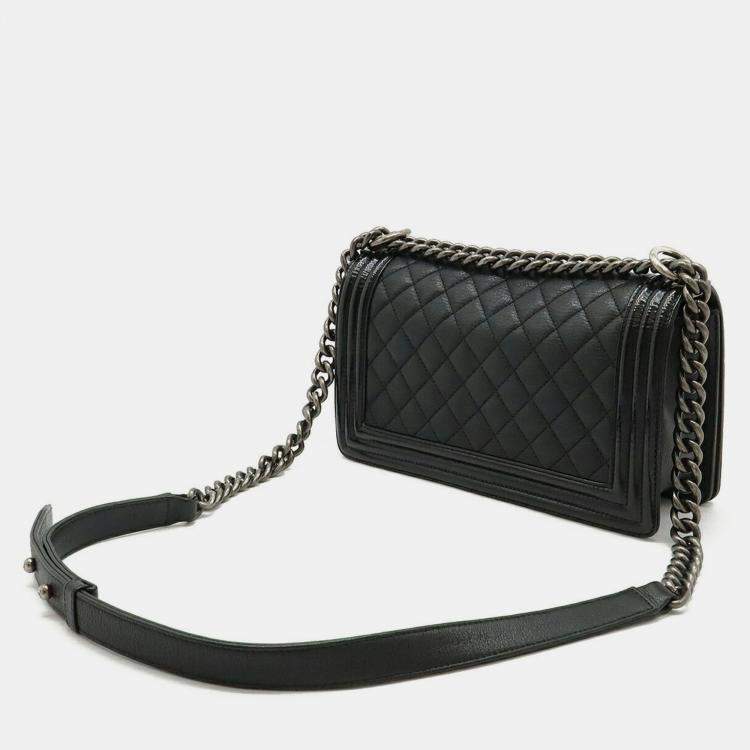 Pre Owned Chanel Boy Chanel 25 Coco Mark Chain Shoulder Bag Leather Enamel Black