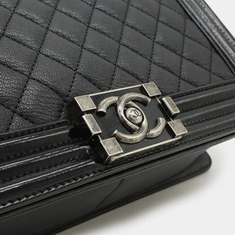 Pre Owned Chanel Boy Chanel 25 Coco Mark Chain Shoulder Bag Leather Enamel Black