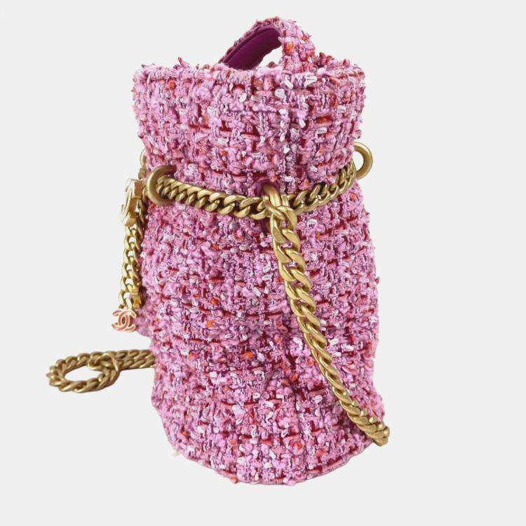 Pre Owned Chanel Cc Coco Mark Chain Bucket-Shaped Pochette Handbag Tweed Pink