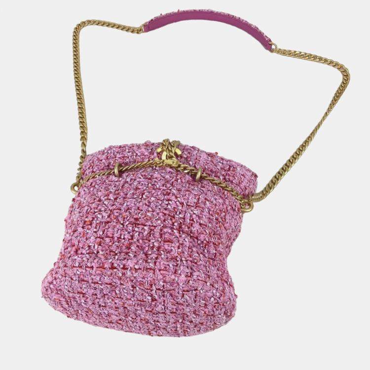 Pre Owned Chanel Cc Coco Mark Chain Bucket-Shaped Pochette Handbag Tweed Pink