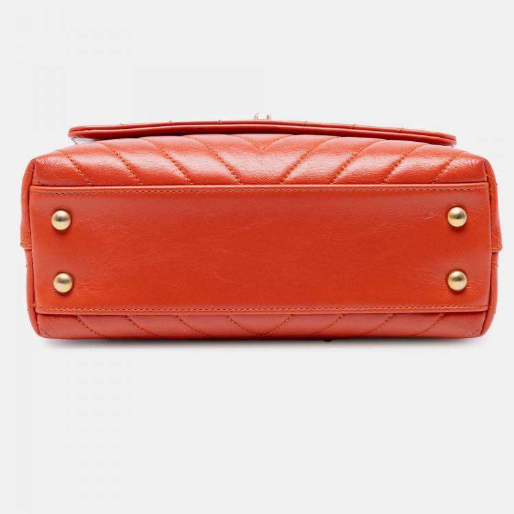 Pre Owned Chanel Orange Mini Chevron Lambskin Coco Top Handle Bag