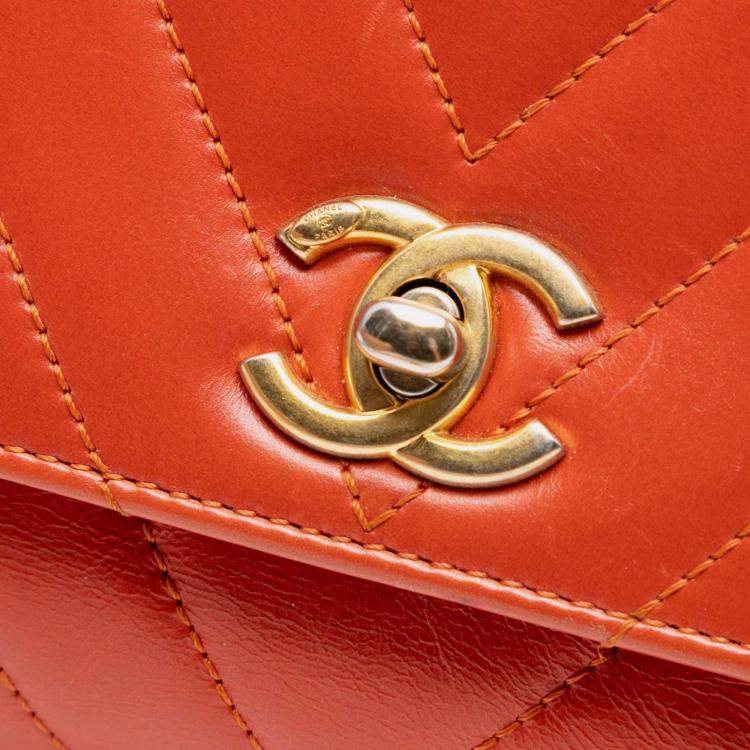 Pre Owned Chanel Orange Mini Chevron Lambskin Coco Top Handle Bag