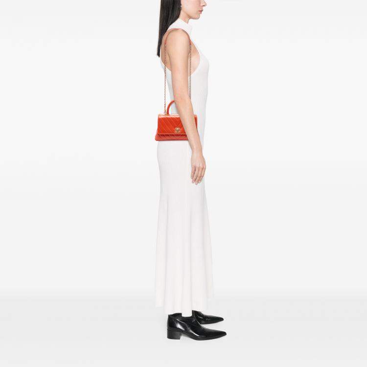 Pre Owned Chanel Orange Mini Chevron Lambskin Coco Top Handle Bag