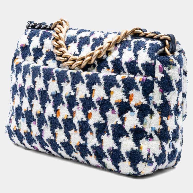 Pre Owned Chanel Navy Blue Medium Houndstooth Tweed 19 Flap