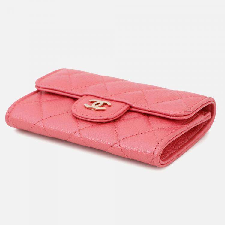 Pre Owned Chanel Matelasse Bifold Wallet Card Case Pink Caviar Leather