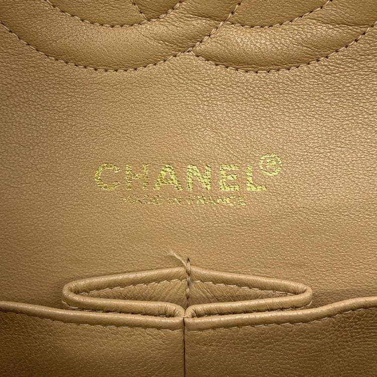 Pre Owned Chanel Matelasse W Flap Chain Shoulder Bag Beige Caviar Leather Size 25