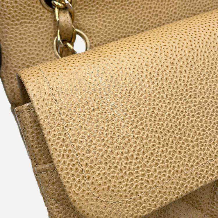 Pre Owned Chanel Matelasse W Flap Chain Shoulder Bag Beige Caviar Leather Size 25