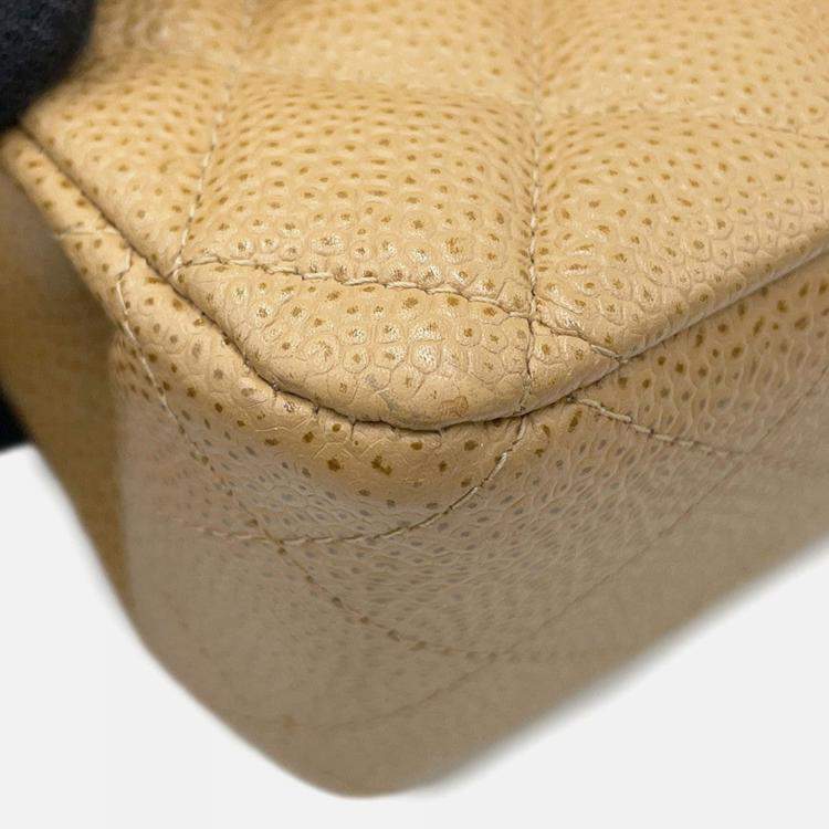 Pre Owned Chanel Matelasse W Flap Chain Shoulder Bag Beige Caviar Leather Size 25