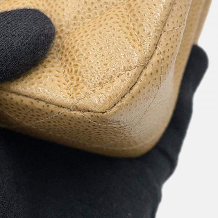 Pre Owned Chanel Matelasse W Flap Chain Shoulder Bag Beige Caviar Leather Size 25