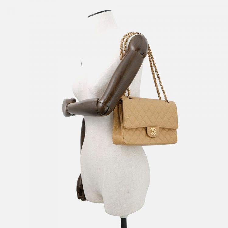 Pre Owned Chanel Matelasse W Flap Chain Shoulder Bag Beige Caviar Leather Size 25