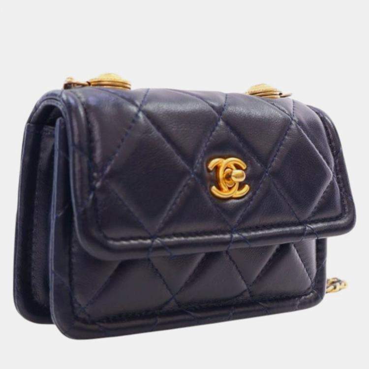 Pre Owned Chanel Navy Blue Mini Quilted Shiny Lambskin Button On Top Flap