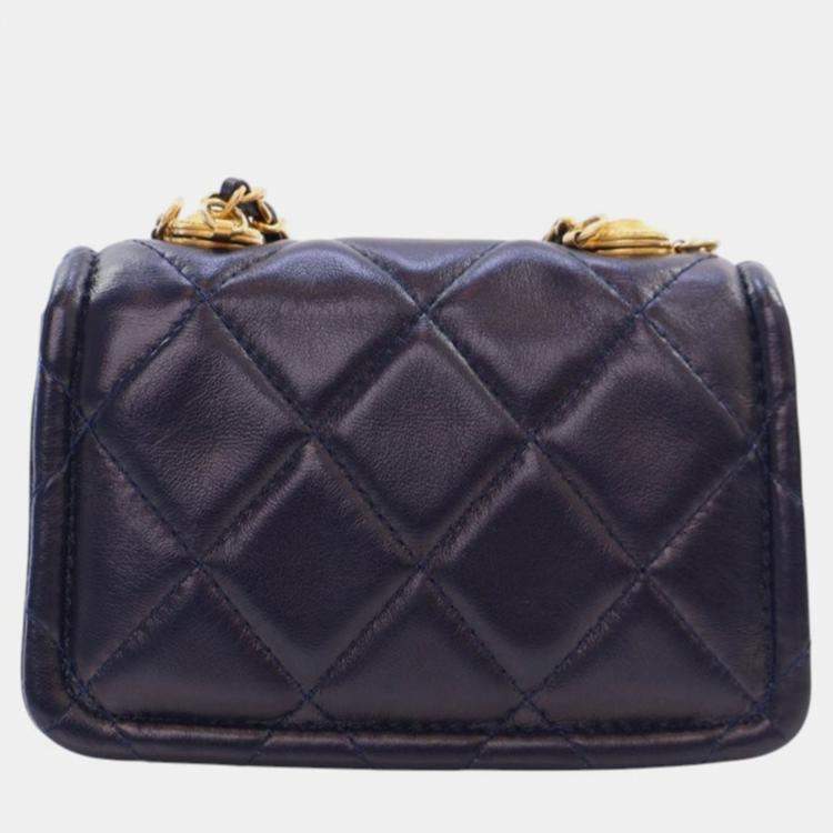 Pre Owned Chanel Navy Blue Mini Quilted Shiny Lambskin Button On Top Flap