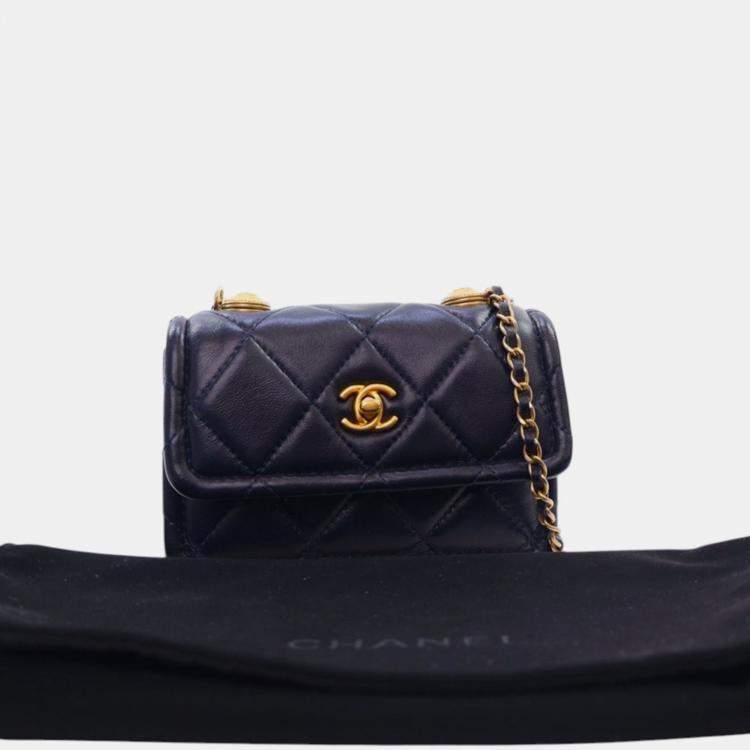 Pre Owned Chanel Navy Blue Mini Quilted Shiny Lambskin Button On Top Flap
