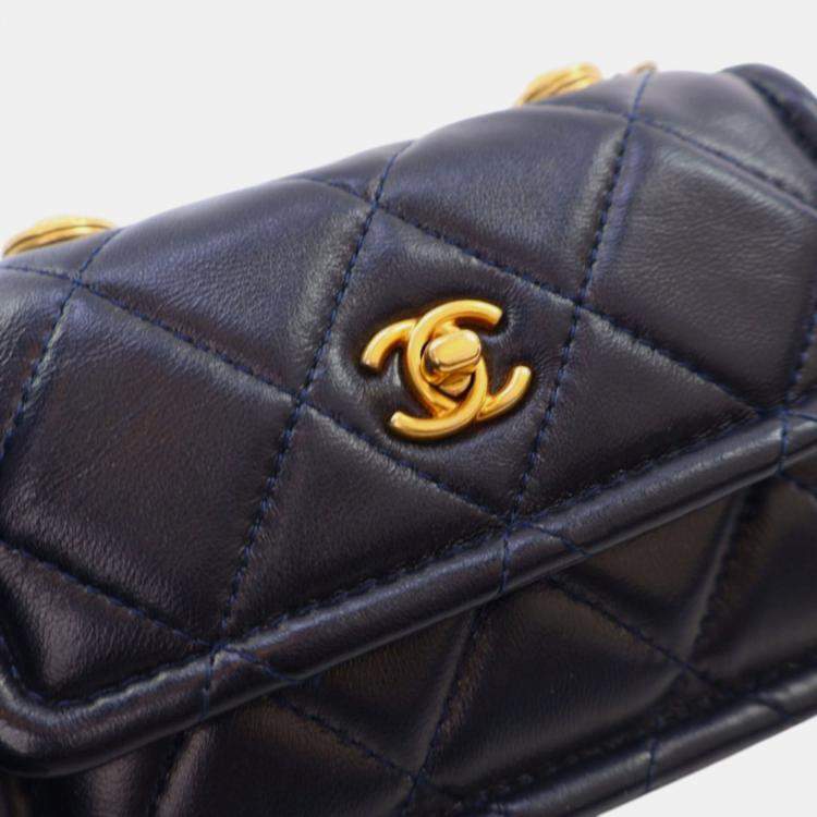 Pre Owned Chanel Navy Blue Mini Quilted Shiny Lambskin Button On Top Flap