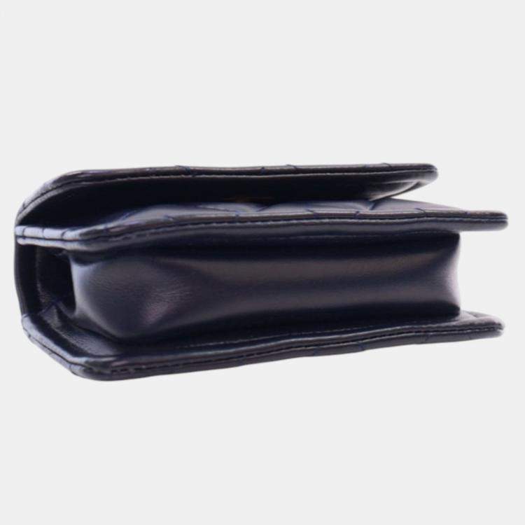 Pre Owned Chanel Navy Blue Mini Quilted Shiny Lambskin Button On Top Flap