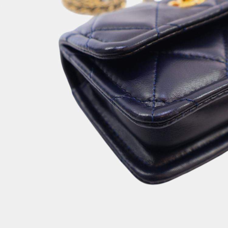 Pre Owned Chanel Navy Blue Mini Quilted Shiny Lambskin Button On Top Flap