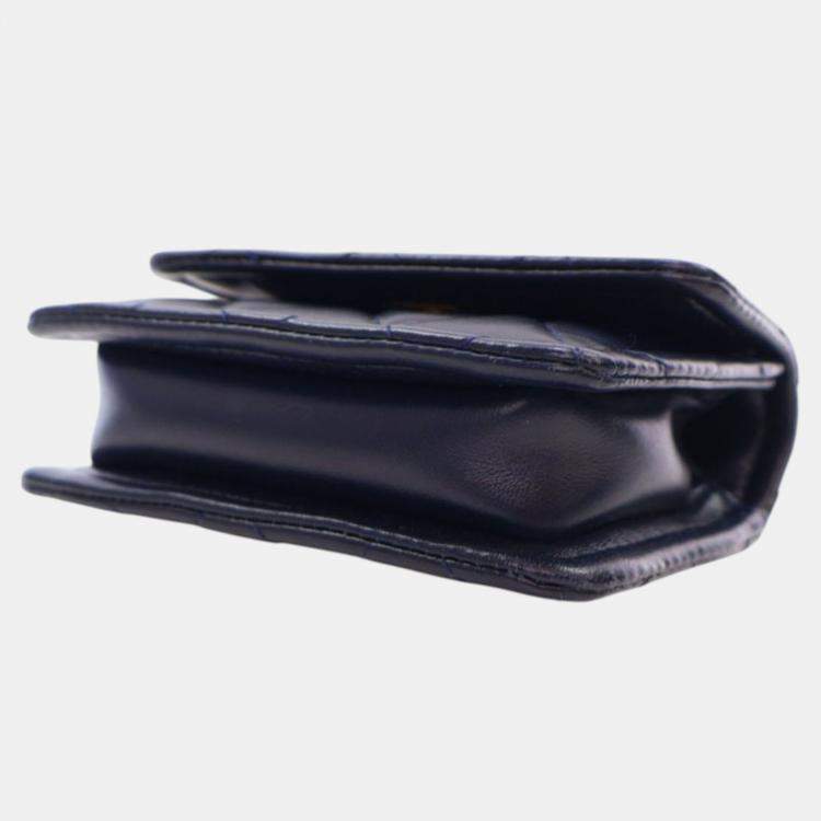 Pre Owned Chanel Navy Blue Mini Quilted Shiny Lambskin Button On Top Flap