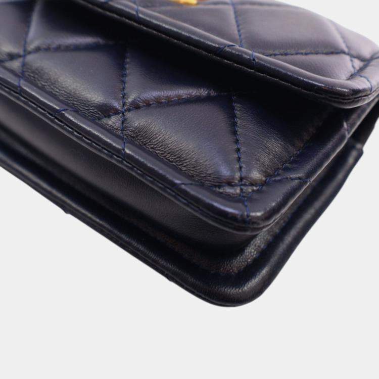 Pre Owned Chanel Navy Blue Mini Quilted Shiny Lambskin Button On Top Flap