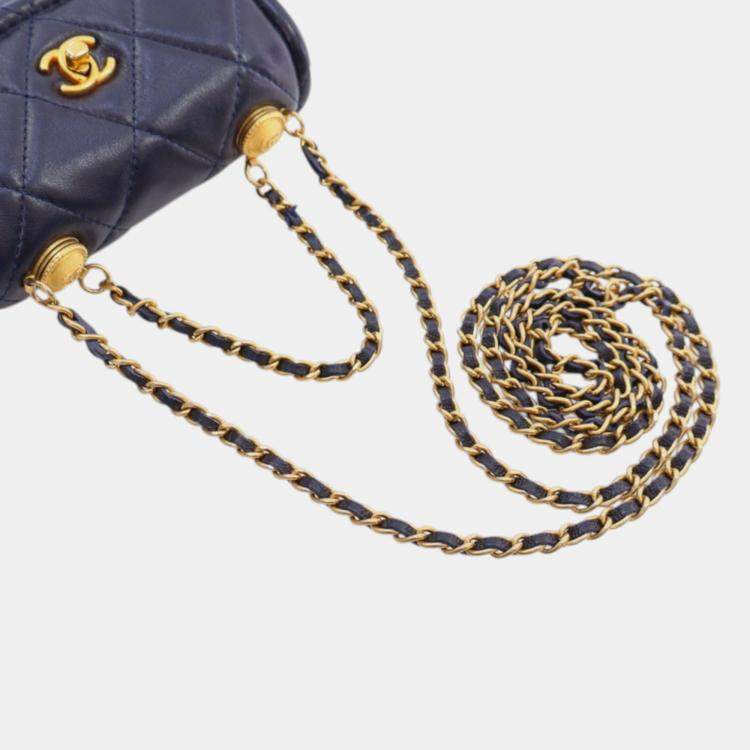 Pre Owned Chanel Navy Blue Mini Quilted Shiny Lambskin Button On Top Flap
