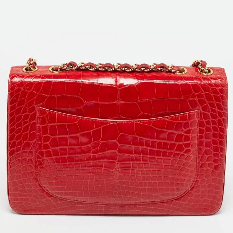 Pre Owned Chanel Red Crocodile Jumbo Classic Double Flap Bag