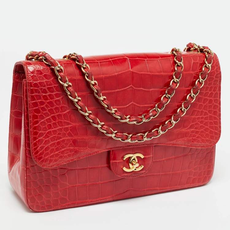 Pre Owned Chanel Red Crocodile Jumbo Classic Double Flap Bag