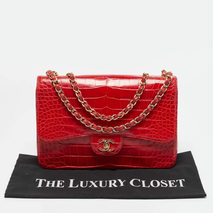 Pre Owned Chanel Red Crocodile Jumbo Classic Double Flap Bag