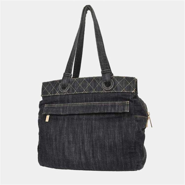Pre Owned Chanel Navy Sparkling Denim Tote Handbag