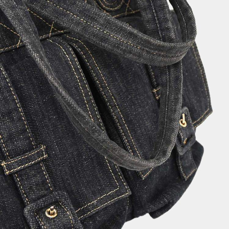 Pre Owned Chanel Navy Sparkling Denim Tote Handbag