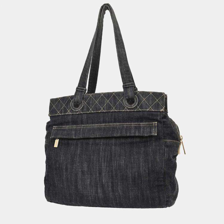 Pre Owned Chanel Navy Sparkling Denim Tote Handbag