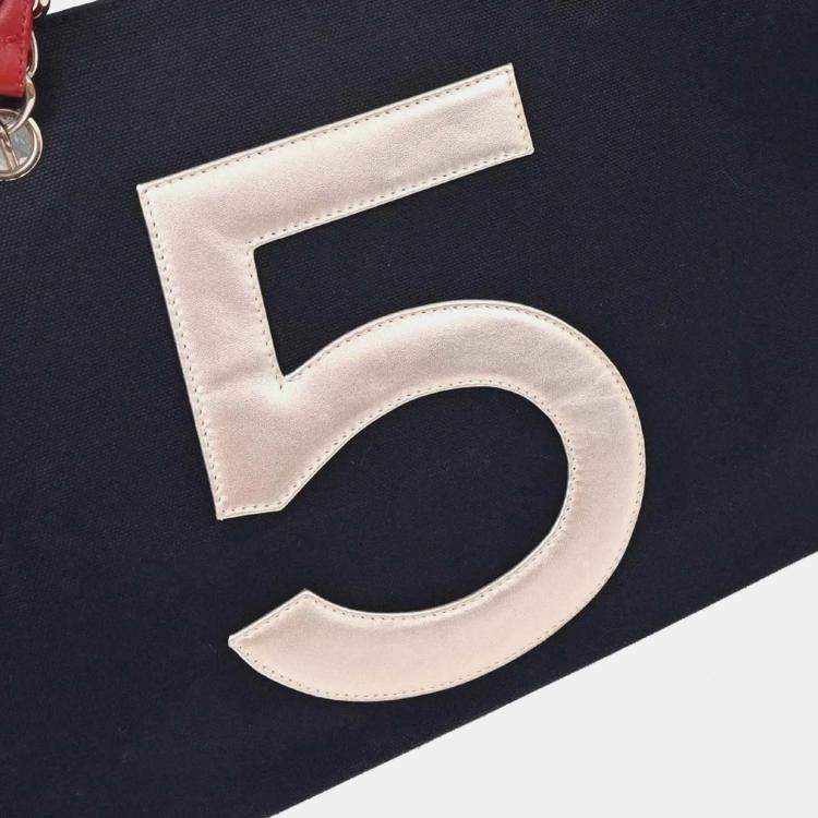 Pre Owned Chanel Navy Silver Canvas No.5 Choco Bar Tote Handbag