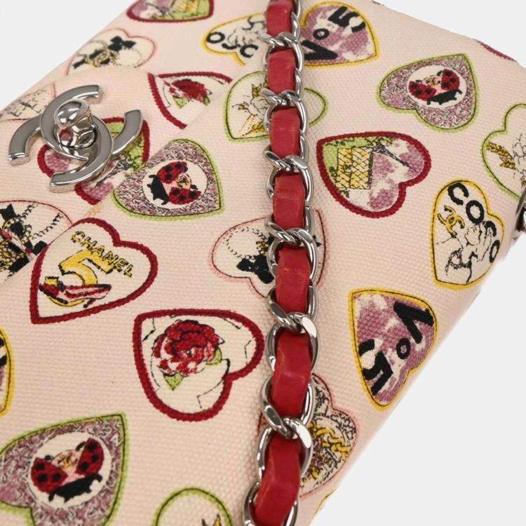 Pre Owned Chanel Pink Canvas Valentine Mini Classic Square Flap Shoulder Bag