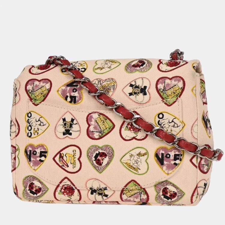 Pre Owned Chanel Pink Canvas Valentine Mini Classic Square Flap Shoulder Bag