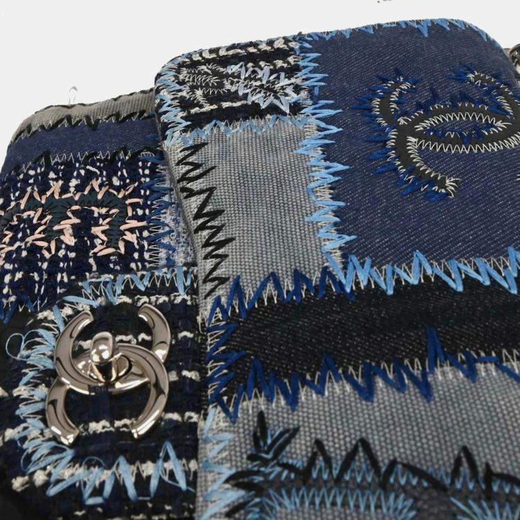 Pre Owned Chanel Blue Tweed Tweed Single Flap Patchwork Shoulder Bag