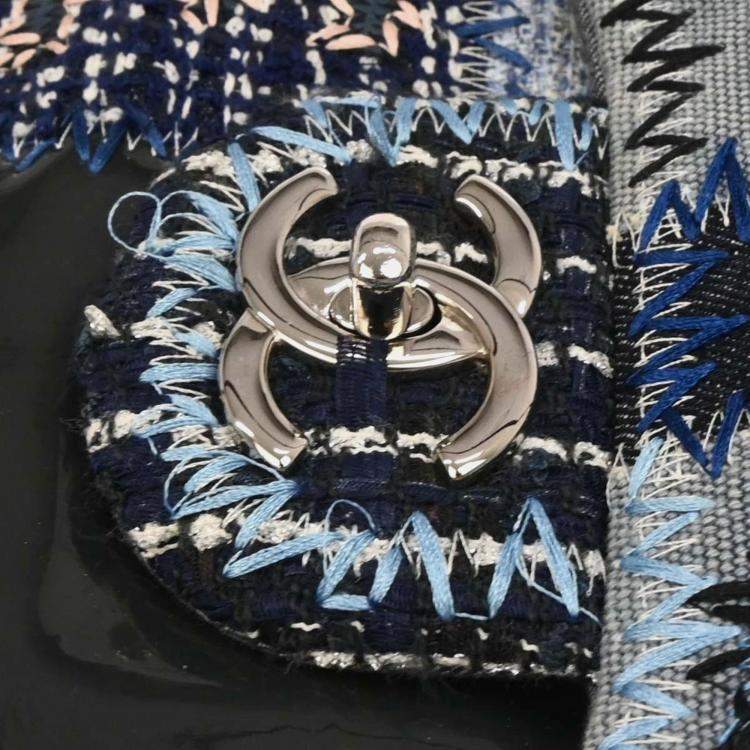Pre Owned Chanel Blue Tweed Tweed Single Flap Patchwork Shoulder Bag