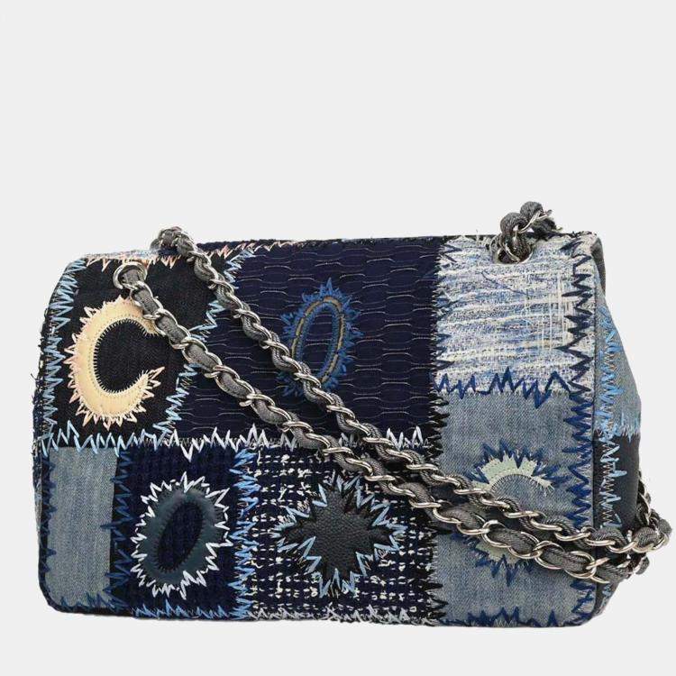 Pre Owned Chanel Blue Tweed Tweed Single Flap Patchwork Shoulder Bag