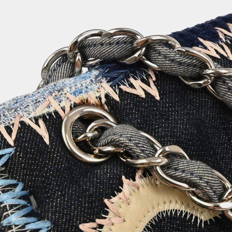 Pre Owned Chanel Blue Tweed Tweed Single Flap Patchwork Shoulder Bag