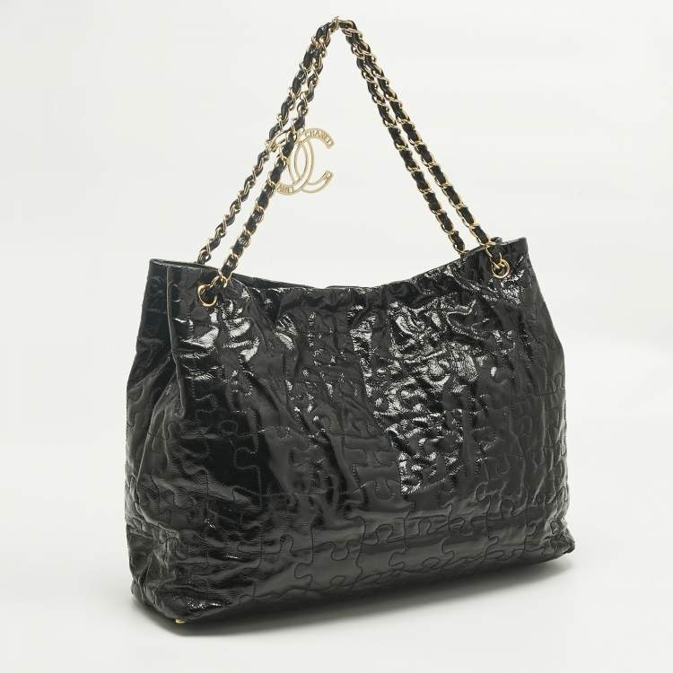 Pre Owned Chanel Black Puzzle Patent Leather Chain Tote