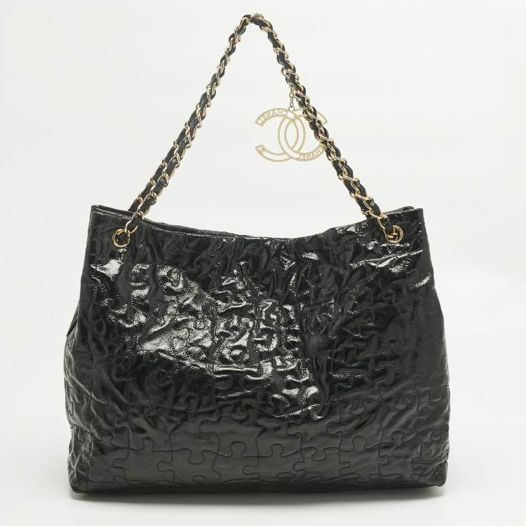 Pre Owned Chanel Black Puzzle Patent Leather Chain Tote