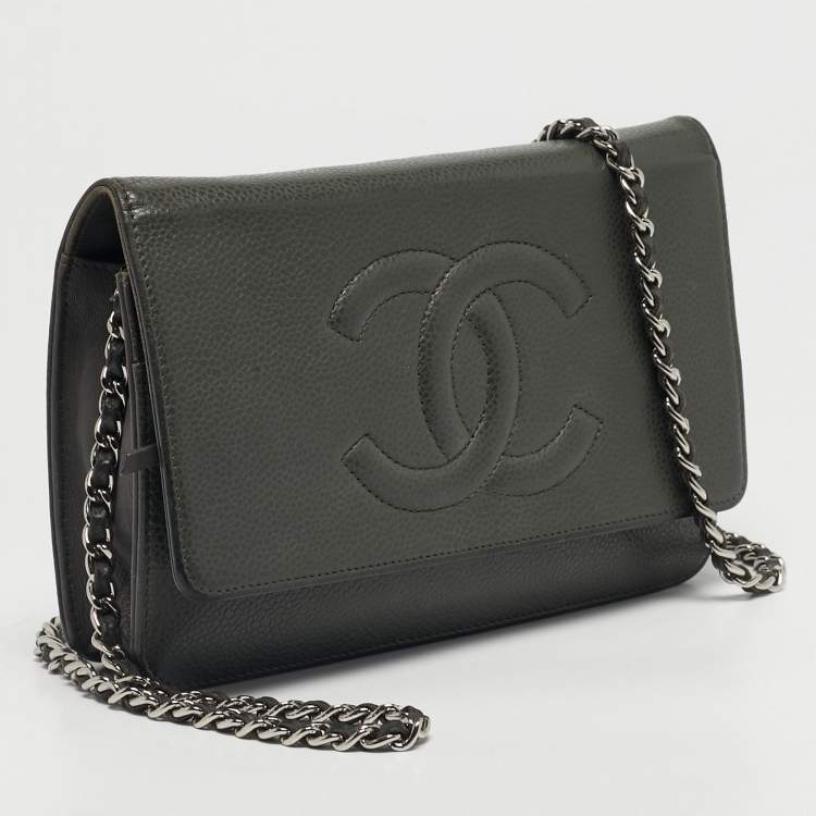 Pre Owned Chanel Grey Caviar Leather CC Wallet On Chain