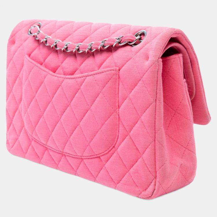 Pre Owned Chanel Pink Medium Classic Jersey Double Flap