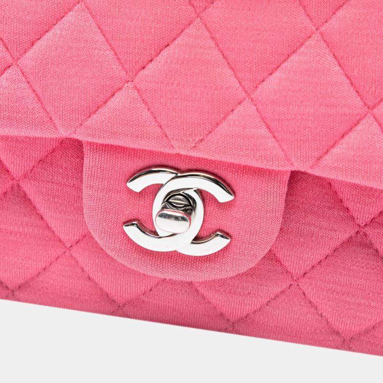 Pre Owned Chanel Pink Medium Classic Jersey Double Flap